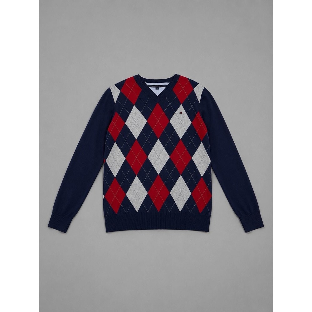 Tommy Hilfiger Argyle Sweater Mens Large V Neck Red Navy Pullover Classic Fits L